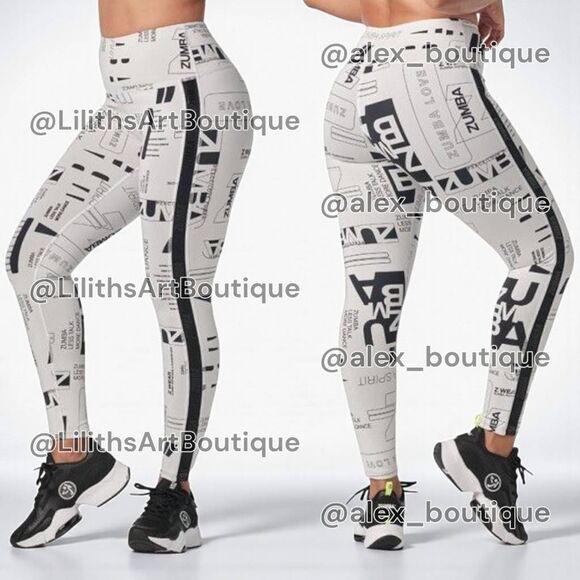 Zumba Classic High Waisted Newspaper Print Leggings Gray Size S (E114) - Picture 1 of 7